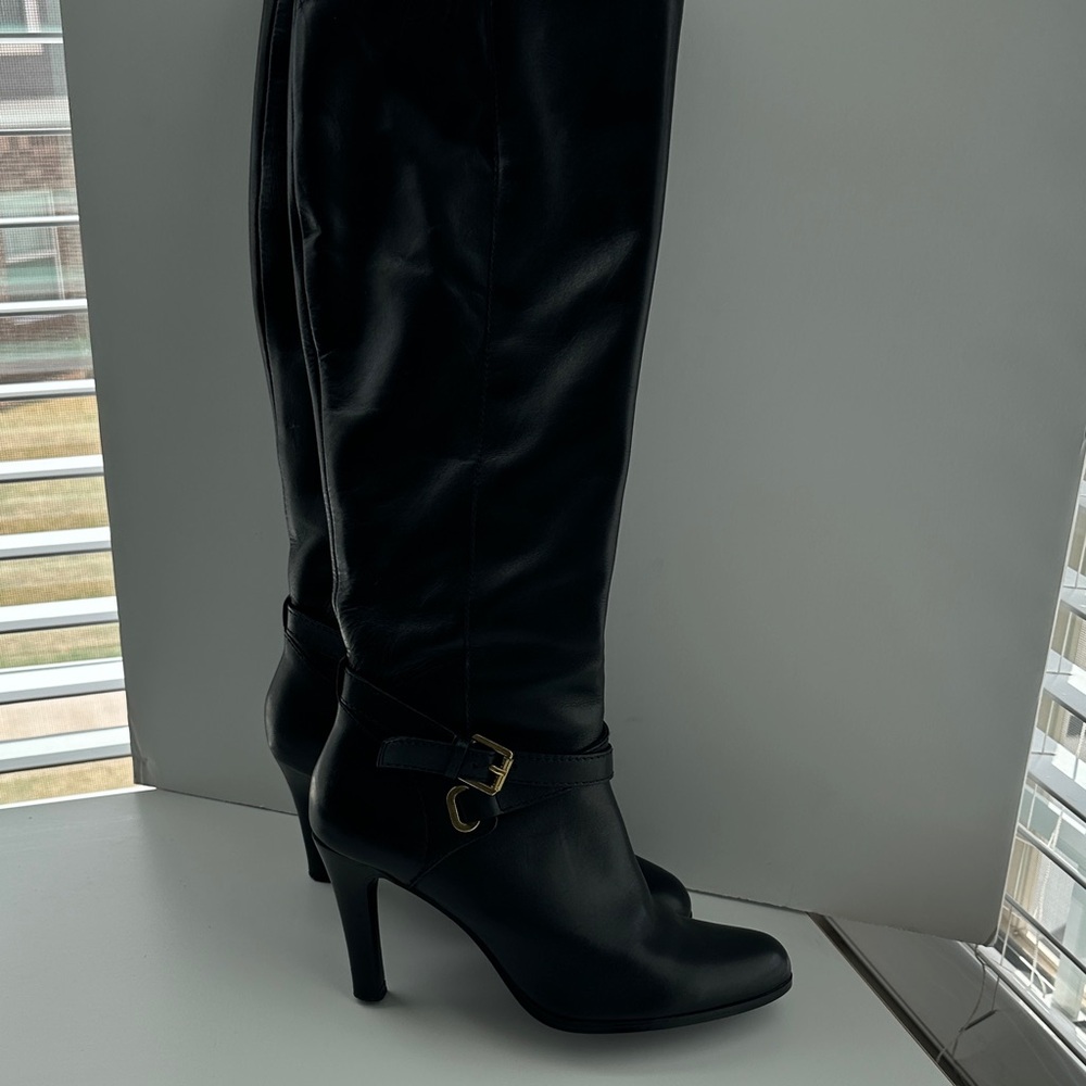 Ralph Lauren Becca Black Leather Wide Calf Boots